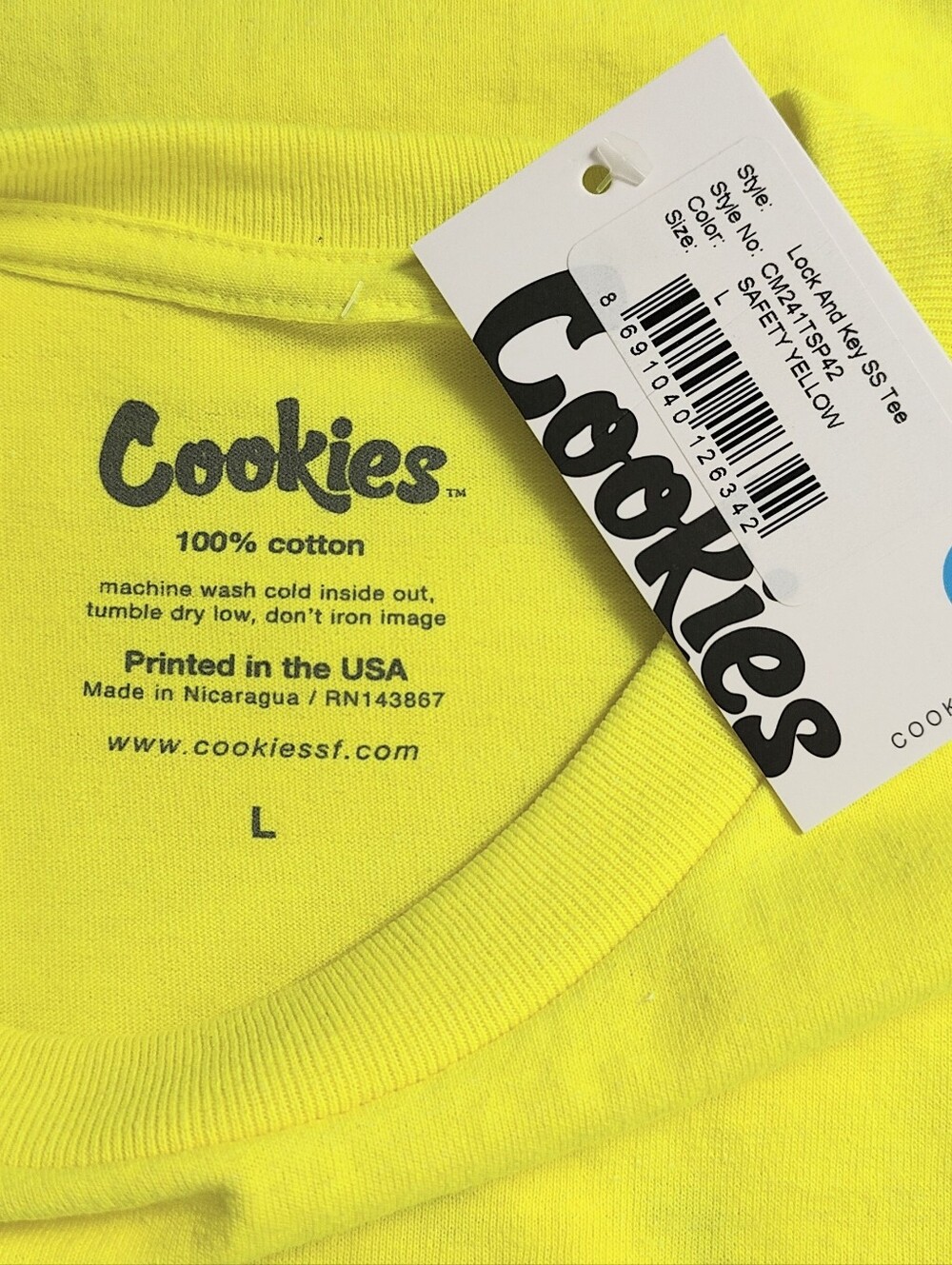 NEW! Cookies Lock And Key Short Sleeve Tee Size Large Safety Yellow USA Shirt - Picture 5 of 5